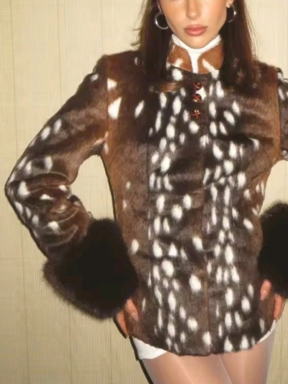 Button Vintage Leopard Print Women's Faux Fur Sleeve Jacket Slim Single Breasted